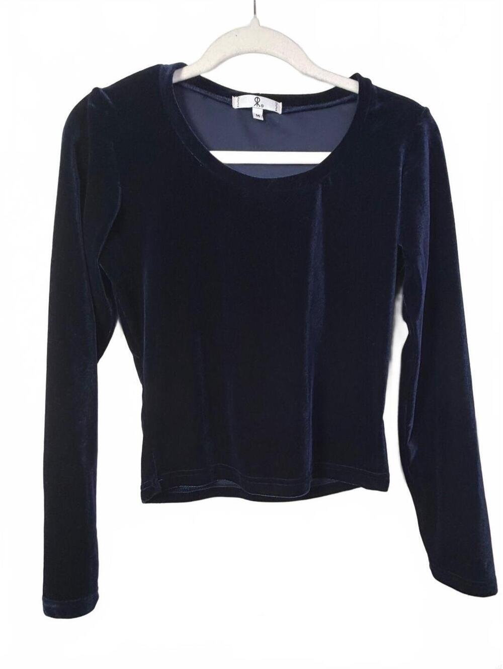 Vintage 90s Rampage Navy Blue Velvet Long Sleeve Top NWT Deadstock M crop